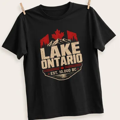 Retro vintage print of Lake Ontario with mountains and Canadian elements