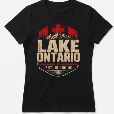 Retro vintage print of Lake Ontario with mountains and Canadian elements — printed on a women's shirt