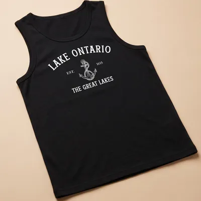 Vintage style Lake Ontario t-shirt with anchor design and historical text — printed on a tank top