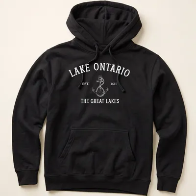 Vintage style Lake Ontario t-shirt with anchor design and historical text — printed on a unisex hoodie