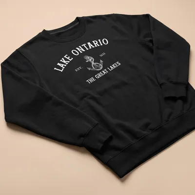 Vintage style Lake Ontario t-shirt with anchor design and historical text — printed on a unisex sweatshirt