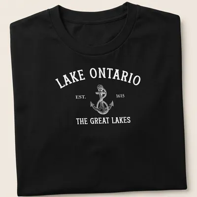 Vintage style Lake Ontario t-shirt with anchor design and historical text
