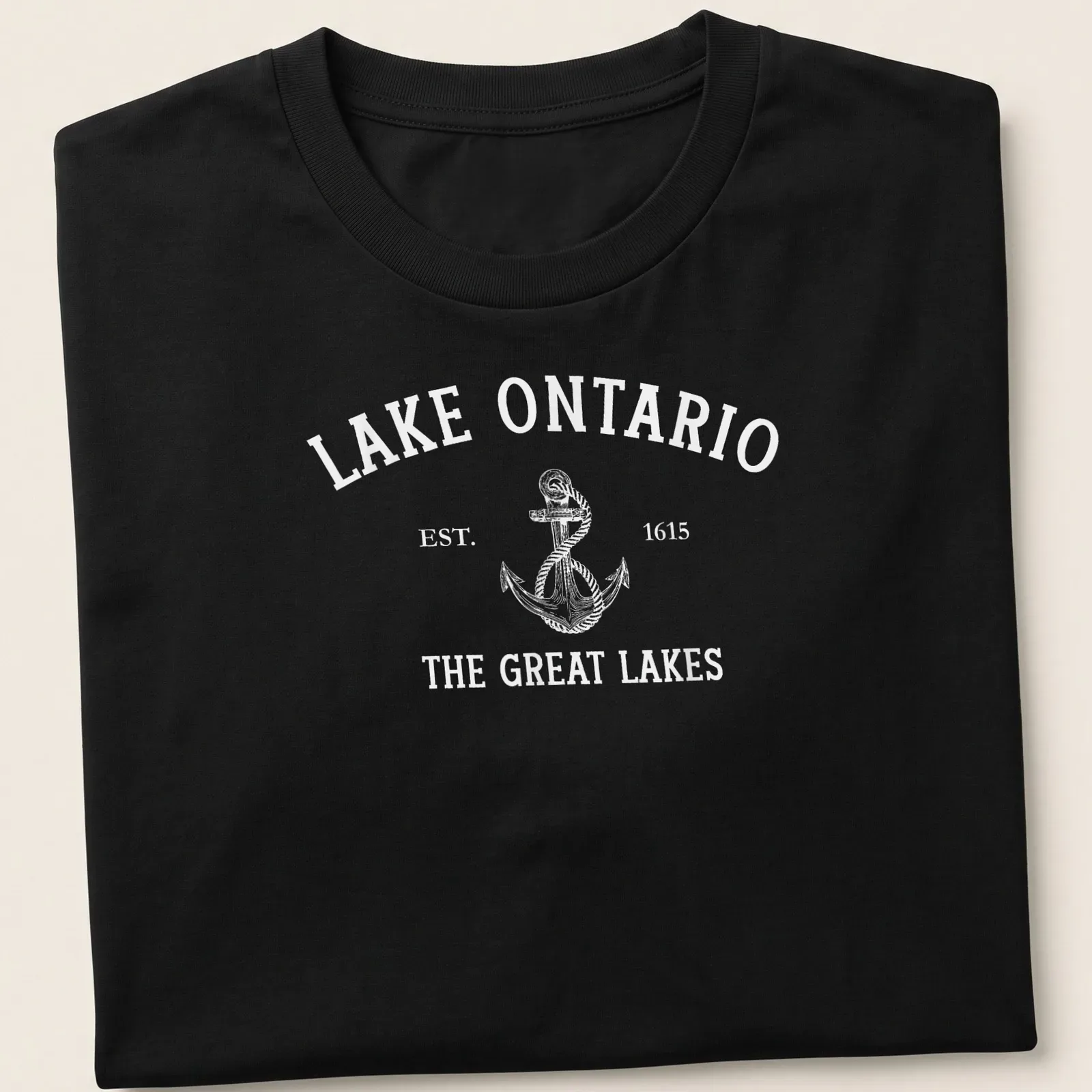 Vintage style Lake Ontario t-shirt with anchor design and historical text — printed on a unisex t-shirt