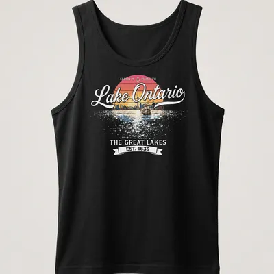 Retro sunset T-shirt featuring a sailboat and city skyline around Lake Ontario — printed on a tank top