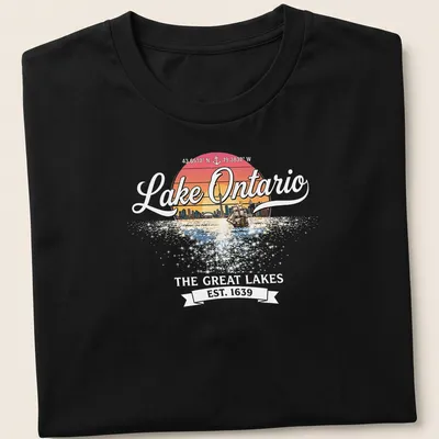 Retro sunset T-shirt featuring a sailboat and city skyline around Lake Ontario