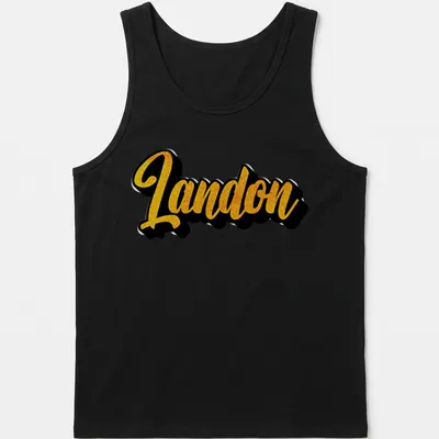 Personalized Landon t-shirt with bold yellow script on a black background — printed on a tank top
