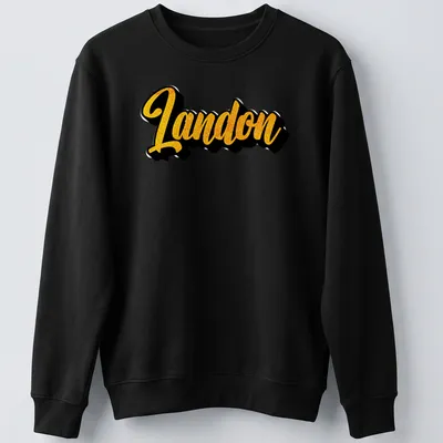 Personalized Landon t-shirt with bold yellow script on a black background — printed on a unisex sweatshirt