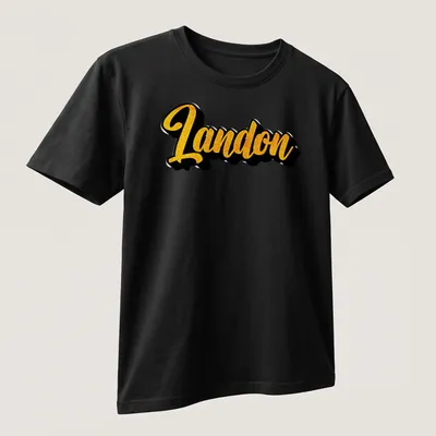 Personalized Landon t-shirt with bold yellow script on a black background — printed on a unisex t-shirt (angled view)