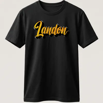 Personalized Landon t-shirt with bold yellow script on a black background