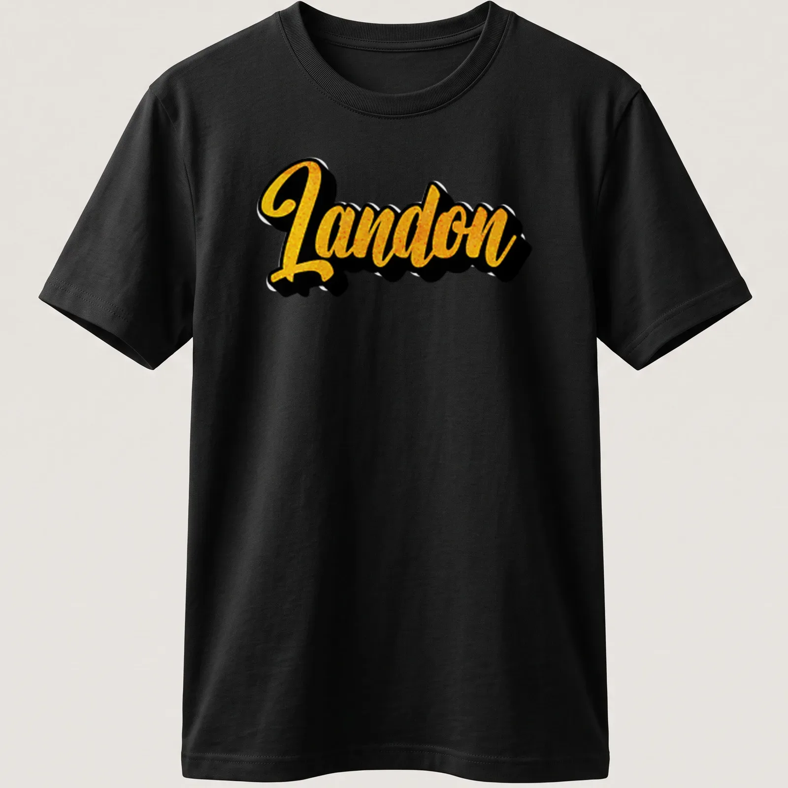 Personalized Landon t-shirt with bold yellow script on a black background — printed on a unisex t-shirt
