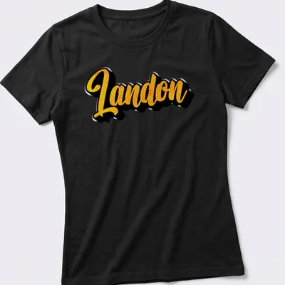 Personalized Landon t-shirt with bold yellow script on a black background — printed on a women's shirt