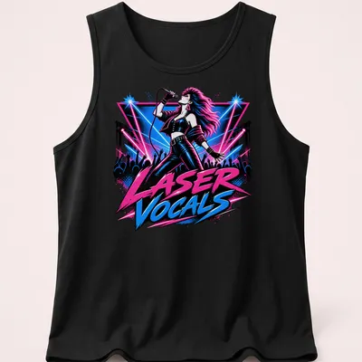 Retro pop shirt featuring a female singer and bold text LASER VOCALS — printed on a tank top