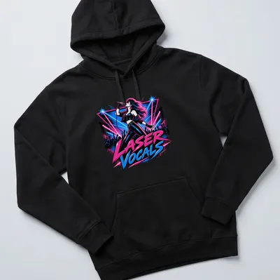 Retro pop shirt featuring a female singer and bold text LASER VOCALS — printed on a unisex hoodie