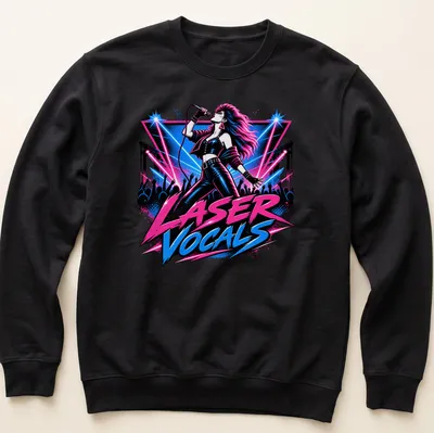 Retro pop shirt featuring a female singer and bold text LASER VOCALS — printed on a unisex sweatshirt