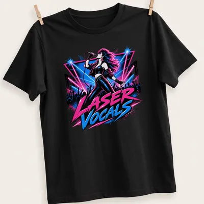 Retro pop shirt featuring a female singer and bold text LASER VOCALS