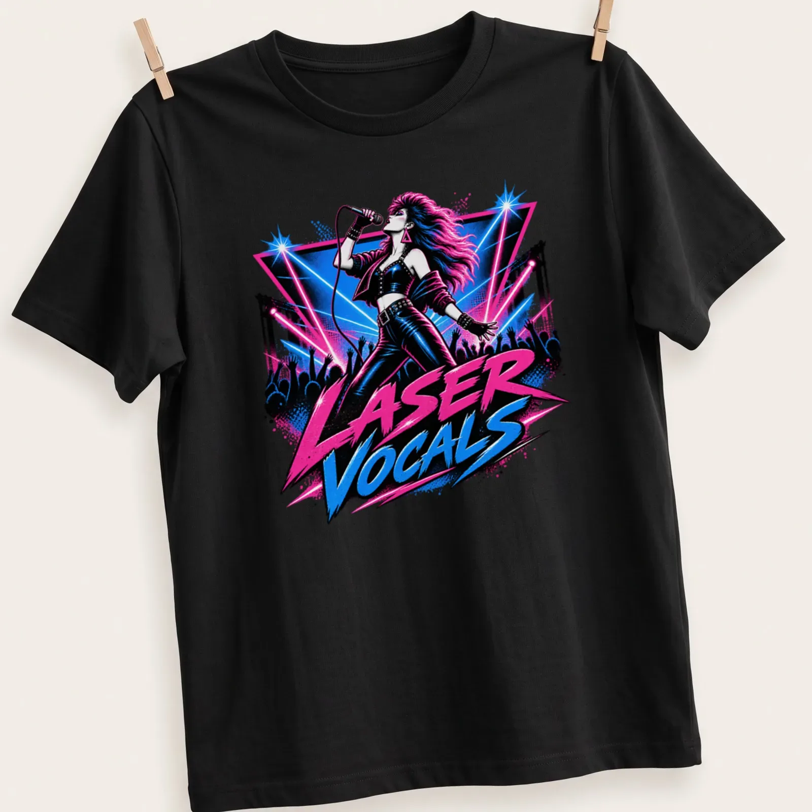 Retro pop shirt featuring a female singer and bold text LASER VOCALS — printed on a unisex t-shirt
