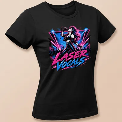 Retro pop shirt featuring a female singer and bold text LASER VOCALS — printed on a women's shirt