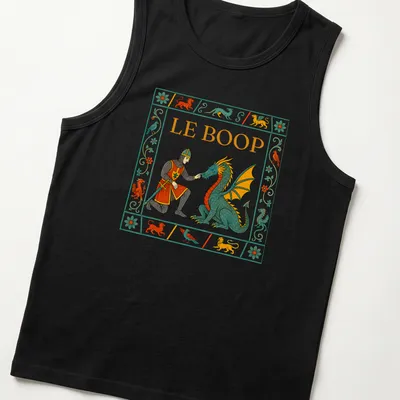 Colorful illustration of a knight poking a dragon with the text 'LE BOOP' — printed on a tank top