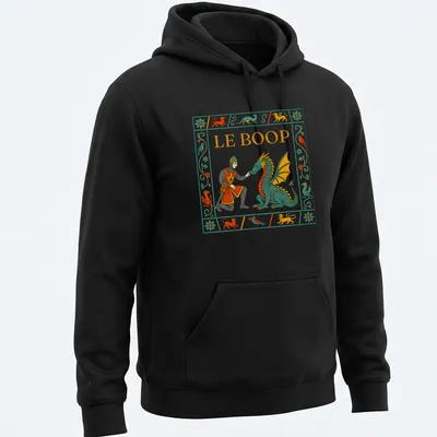 Colorful illustration of a knight poking a dragon with the text 'LE BOOP' — printed on a unisex hoodie