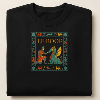 Colorful illustration of a knight poking a dragon with the text 'LE BOOP' — printed on a unisex sweatshirt