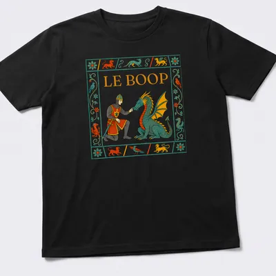 Colorful illustration of a knight poking a dragon with the text 'LE BOOP'