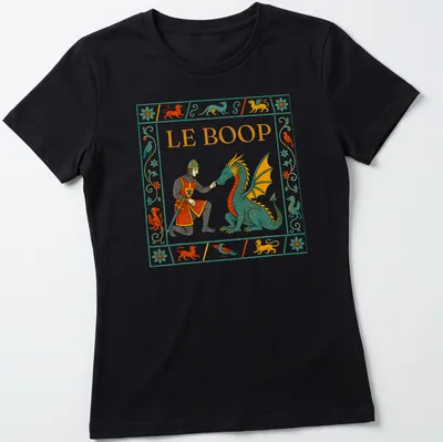 Colorful illustration of a knight poking a dragon with the text 'LE BOOP' — printed on a women's shirt