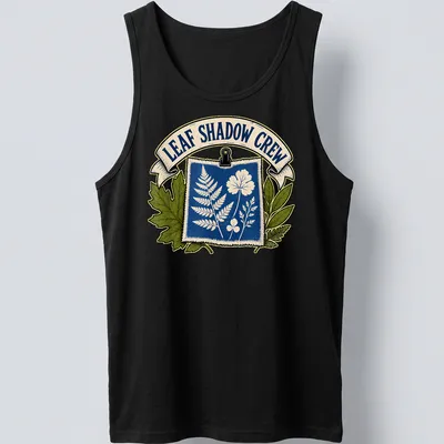 Cyanotype print of botanical leaves and flowers with the text 'Leaf Shadow Crew' — printed on a tank top