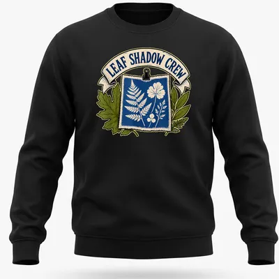 Cyanotype print of botanical leaves and flowers with the text 'Leaf Shadow Crew' — printed on a unisex sweatshirt