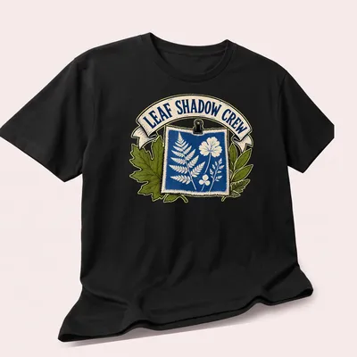 Cyanotype print of botanical leaves and flowers with the text 'Leaf Shadow Crew' — printed on a unisex t-shirt (angled view)