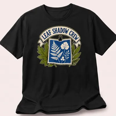 Cyanotype print of botanical leaves and flowers with the text 'Leaf Shadow Crew'
