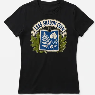 Cyanotype print of botanical leaves and flowers with the text 'Leaf Shadow Crew' — printed on a women's shirt