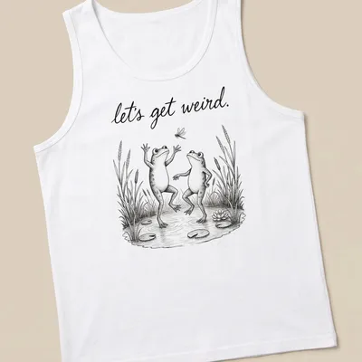 Vintage illustrated frogs dancing under the text 'let's get weird.' in playful font — printed on a tank top