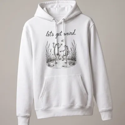 Vintage illustrated frogs dancing under the text 'let's get weird.' in playful font — printed on a unisex hoodie