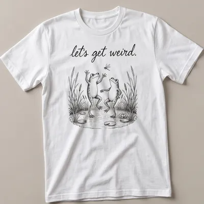 Vintage illustrated frogs dancing under the text 'let's get weird.' in playful font