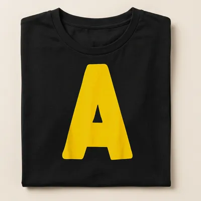 Bold yellow Letter A graphic on a Halloween costume — printed on a women's shirt
