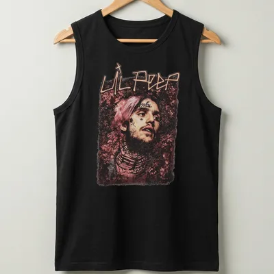 Artistic portrait of Lil Peep with a floral background in pink and black — printed on a tank top