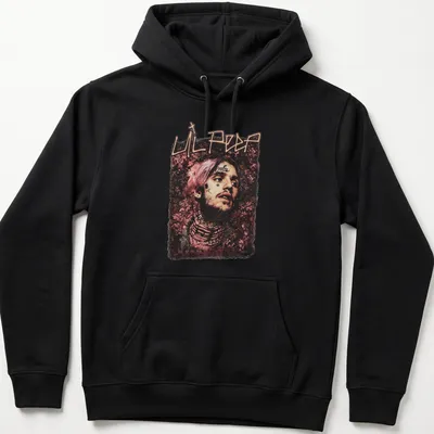 Artistic portrait of Lil Peep with a floral background in pink and black — printed on a unisex hoodie