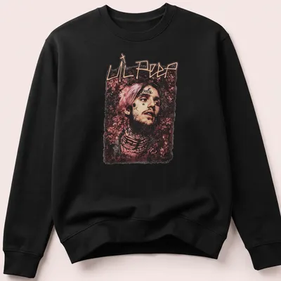 Artistic portrait of Lil Peep with a floral background in pink and black — printed on a unisex sweatshirt