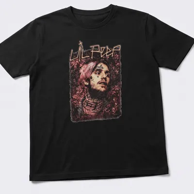 Artistic portrait of Lil Peep with a floral background in pink and black