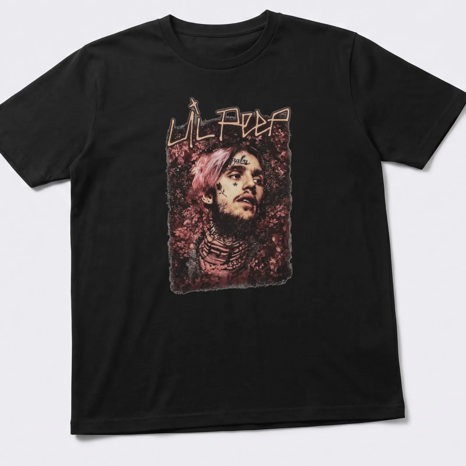 Artistic portrait of Lil Peep with a floral background in pink and black — printed on a unisex t-shirt