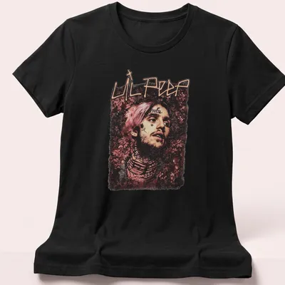 Artistic portrait of Lil Peep with a floral background in pink and black — printed on a women's shirt