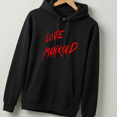 Bold red graffiti text reads Love Mankind on a T-shirt. — printed on a unisex hoodie
