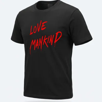 Bold red graffiti text reads Love Mankind on a T-shirt.