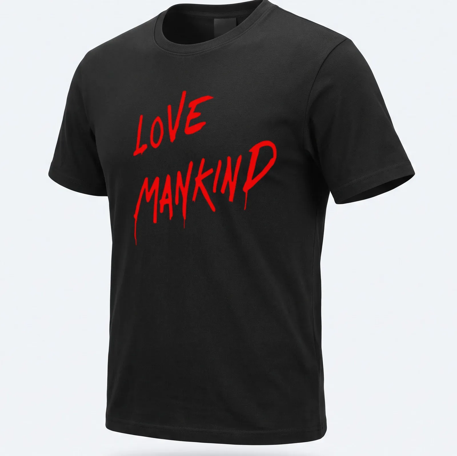Bold red graffiti text reads Love Mankind on a T-shirt. — printed on a unisex t-shirt