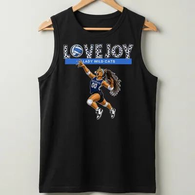 Illustrative T-shirt featuring a wildcat playing volleyball with team name above — printed on a tank top