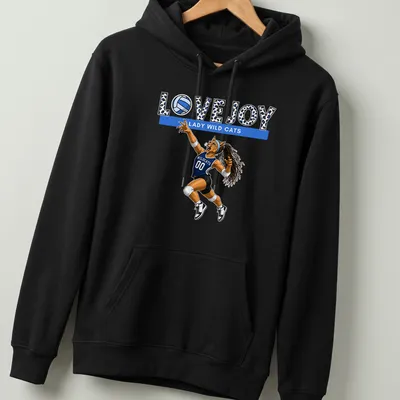Illustrative T-shirt featuring a wildcat playing volleyball with team name above — printed on a unisex hoodie