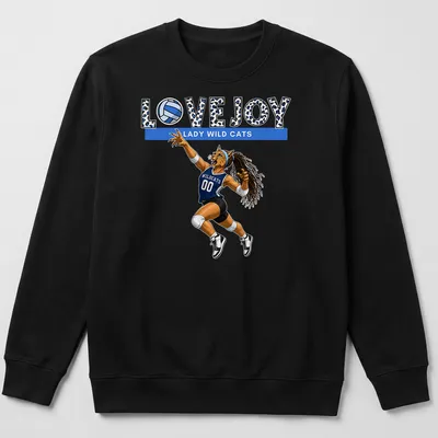 Illustrative T-shirt featuring a wildcat playing volleyball with team name above — printed on a unisex sweatshirt