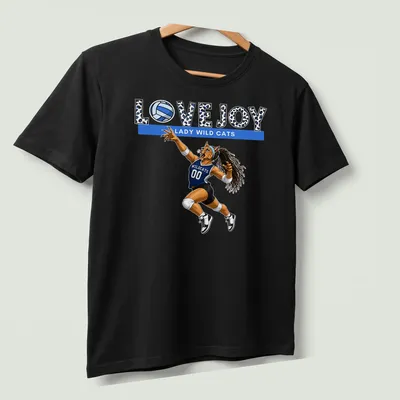 Illustrative T-shirt featuring a wildcat playing volleyball with team name above — printed on a unisex t-shirt (angled view)