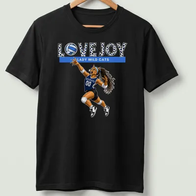Illustrative T-shirt featuring a wildcat playing volleyball with team name above