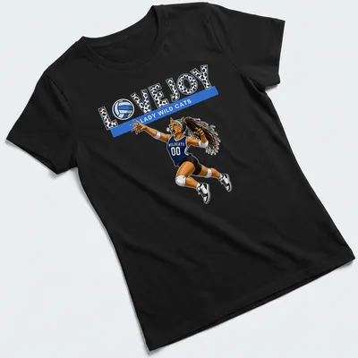 Illustrative T-shirt featuring a wildcat playing volleyball with team name above — printed on a women's shirt